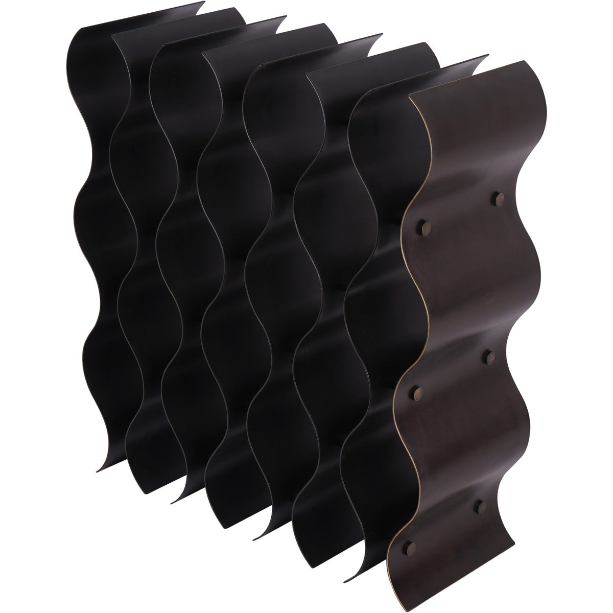 Side angle of the dark iron wine rack showing the depth of the curved bands and round connector ends.