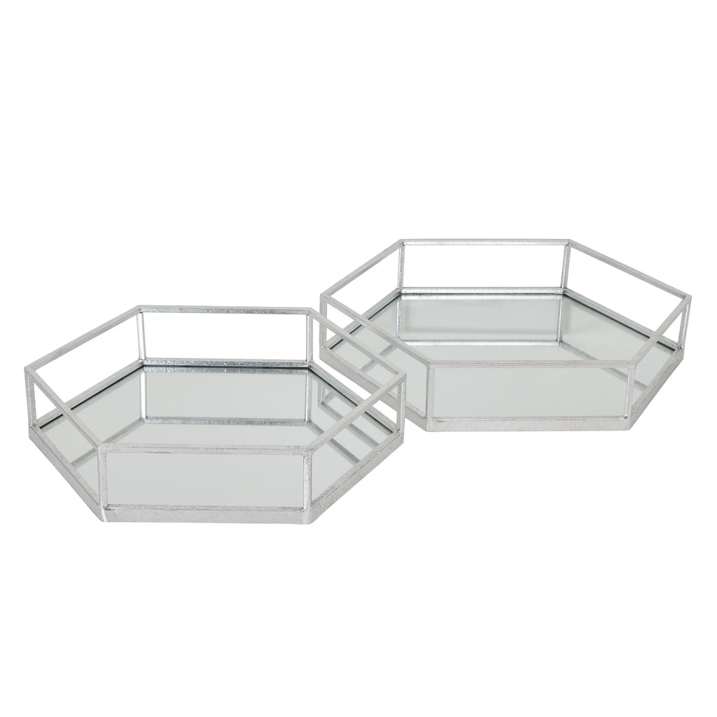 Two silver-toned hexagonal trays shown side by side, with reflective bases and open rails above reflective side panels.