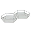 Two silver-toned hexagonal trays shown side by side, with reflective bases and open rails above reflective side panels.