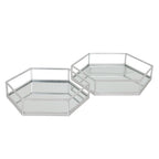 Two silver-toned hexagonal trays shown side by side, with reflective bases and open rails above reflective side panels.