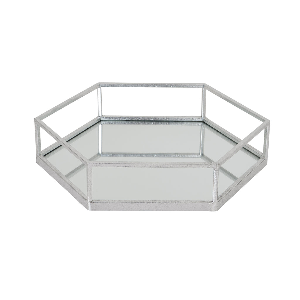 Single hexagonal tray viewed from above at an angle, showing its reflective base, faceted sides and open silver-toned perimeter rail.