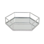 Single hexagonal tray viewed from above at an angle, showing its reflective base, faceted sides and open silver-toned perimeter rail.