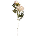 White artificial peony spray with an open ruffled bloom, a partly closed flower and dark green leaves along a long green stem against a white background.