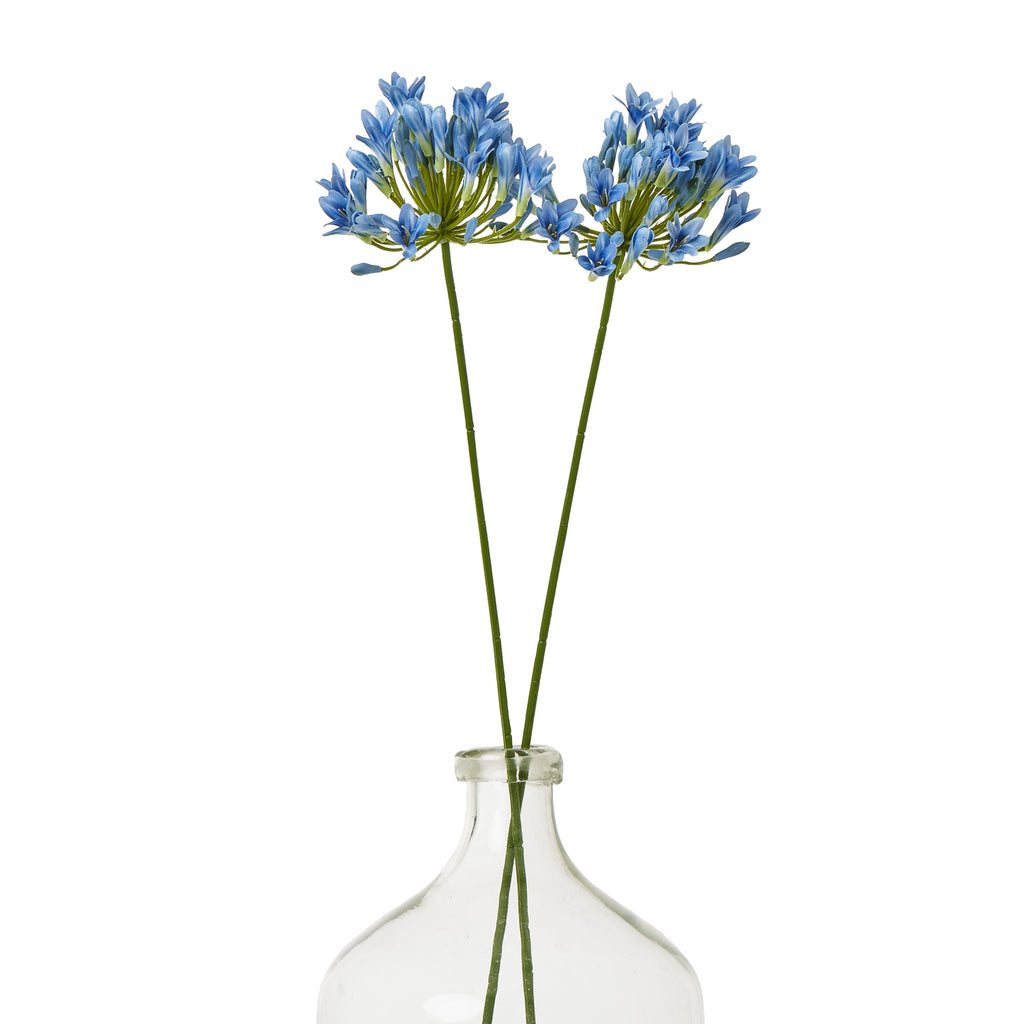 Two blue artificial flower stems angled apart in a clear bottle-shaped vase against a white background.