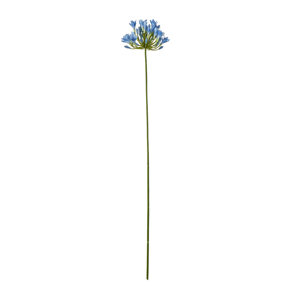 Blue artificial flower stem shown in full against white, with a radial flower head above a long green stem.