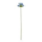 Blue artificial flower stem shown in full against white, with a radial flower head above a long green stem.