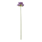 Purple-lilac artificial flower stem shown in full against white, with a radial flower head above a long green stem.