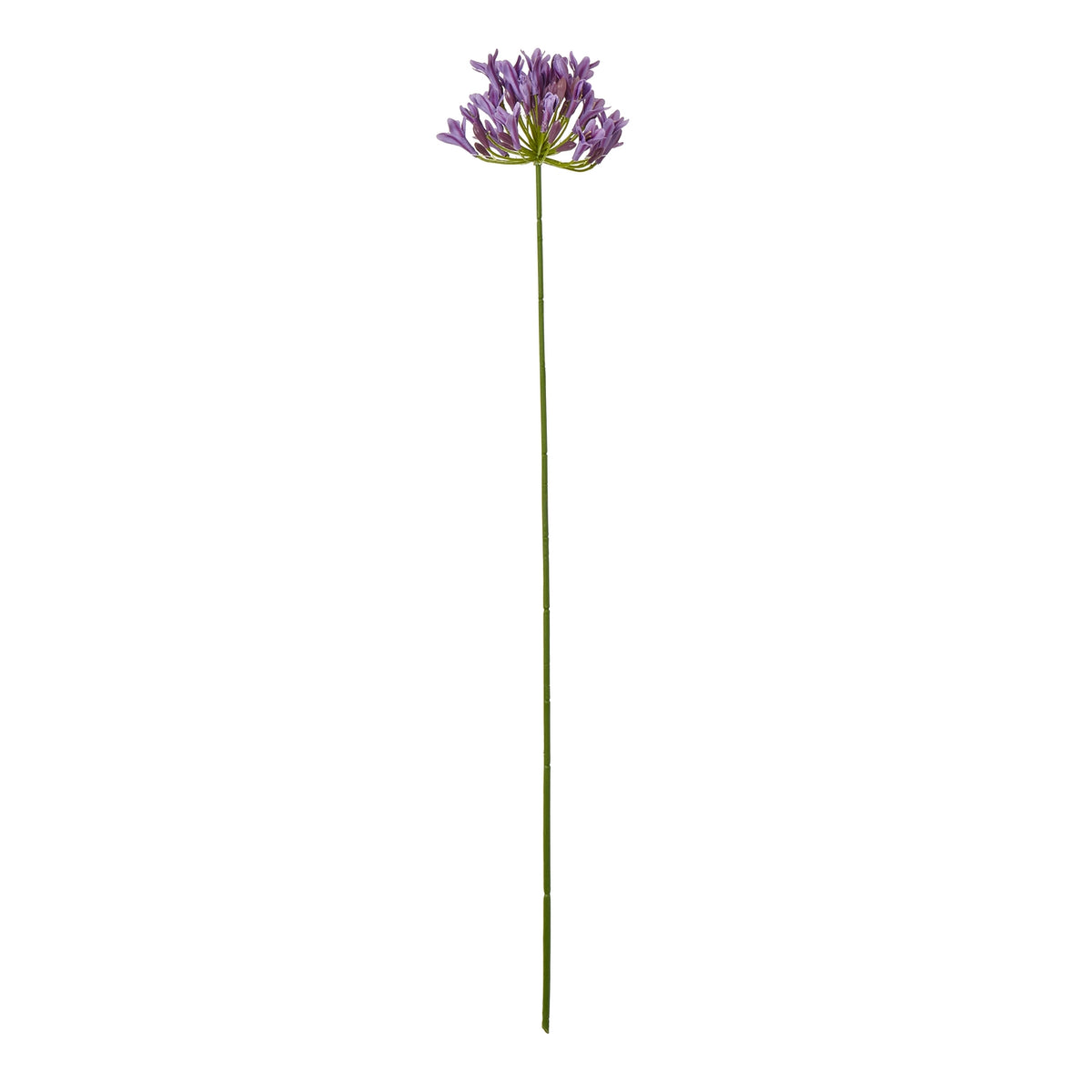 Purple-lilac artificial flower stem shown in full against white, with a radial flower head above a long green stem.