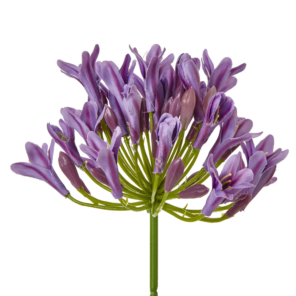 Close-up of the artificial flower head, showing textured purple-lilac petals, closed buds and green branches radiating from the centre.