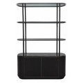 Front view of a black shelving unit with rounded tinted-glass shelves, slim framing and a curved, vertically textured lower cabinet topped with veined black marble.