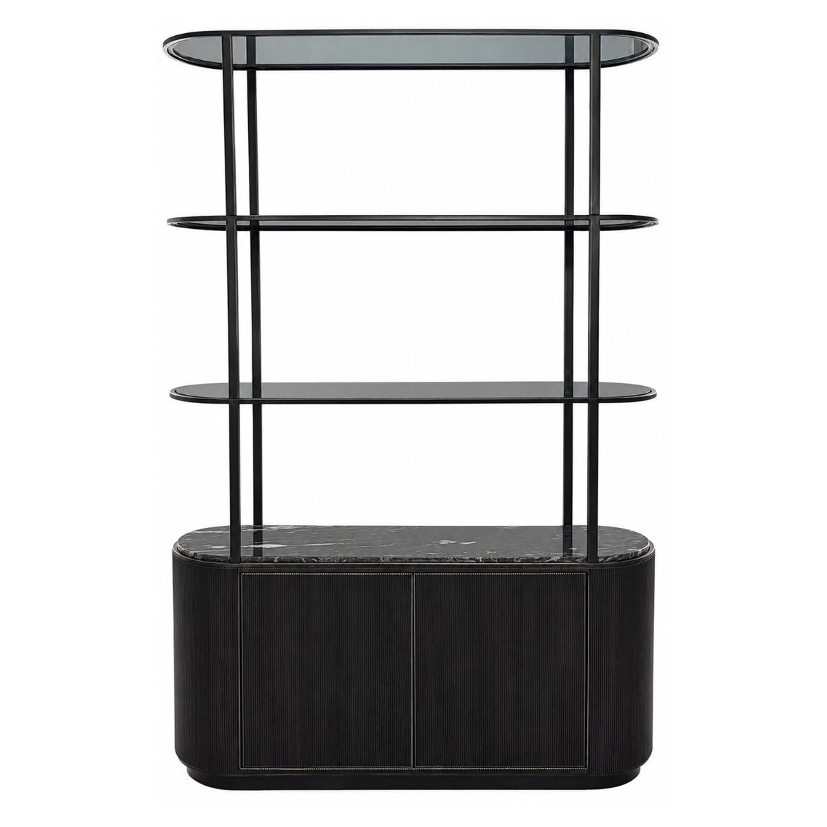 Front view of a black shelving unit with rounded tinted-glass shelves, slim framing and a curved, vertically textured lower cabinet topped with veined black marble.