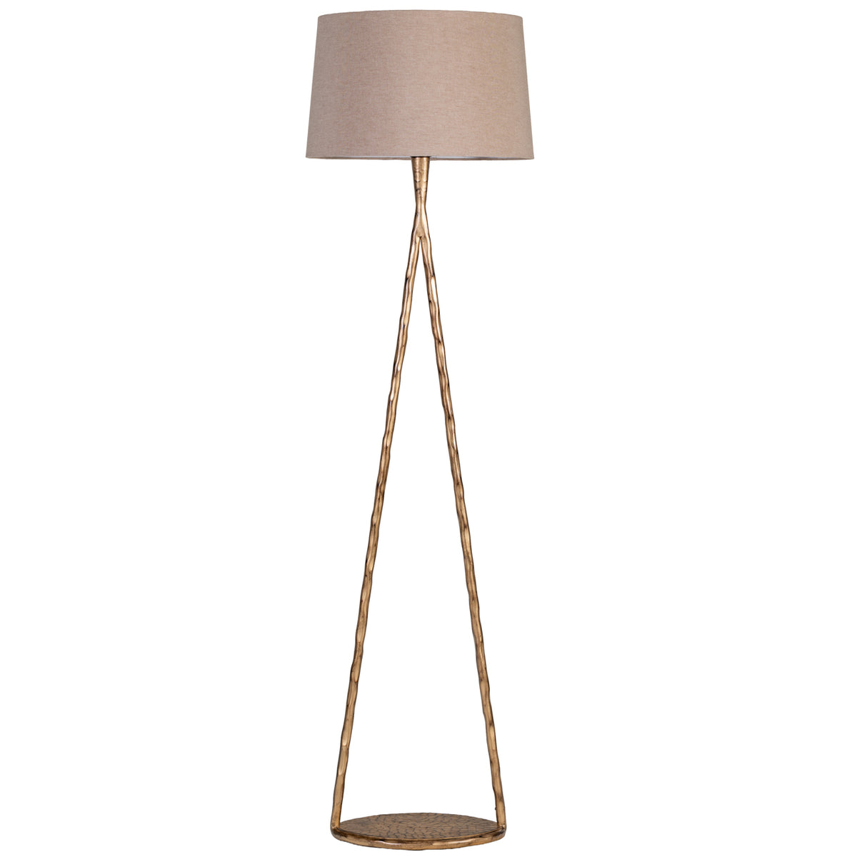Front view of a gold floor lamp with an open triangular frame, round patterned base and natural-toned fabric shade.