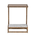 Front view of a two-tier side table with a smoked-glass top, champagne-gold frame and a pale lower shelf with grey veining, against a white background.