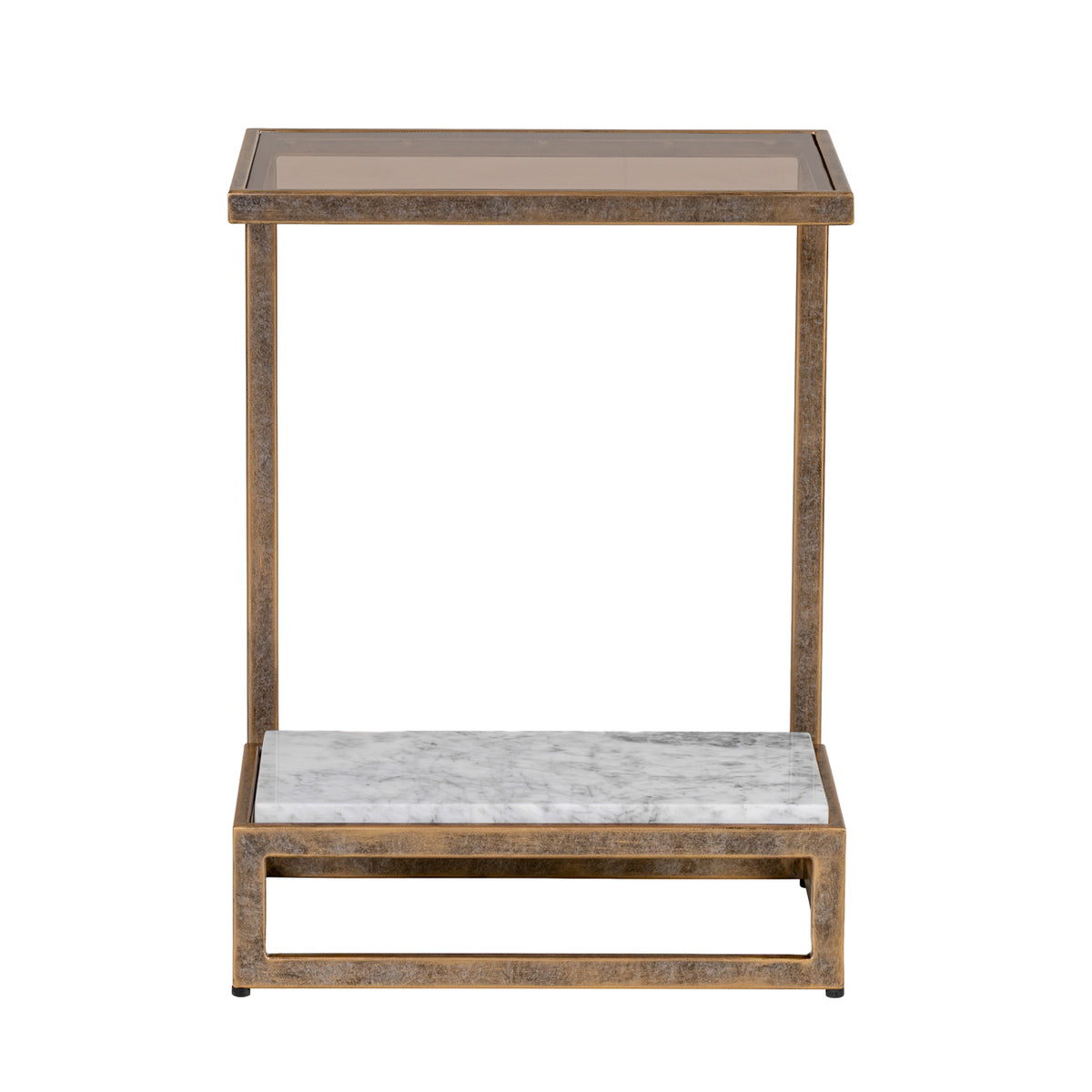Front view of a two-tier side table with a smoked-glass top, champagne-gold frame and a pale lower shelf with grey veining, against a white background.