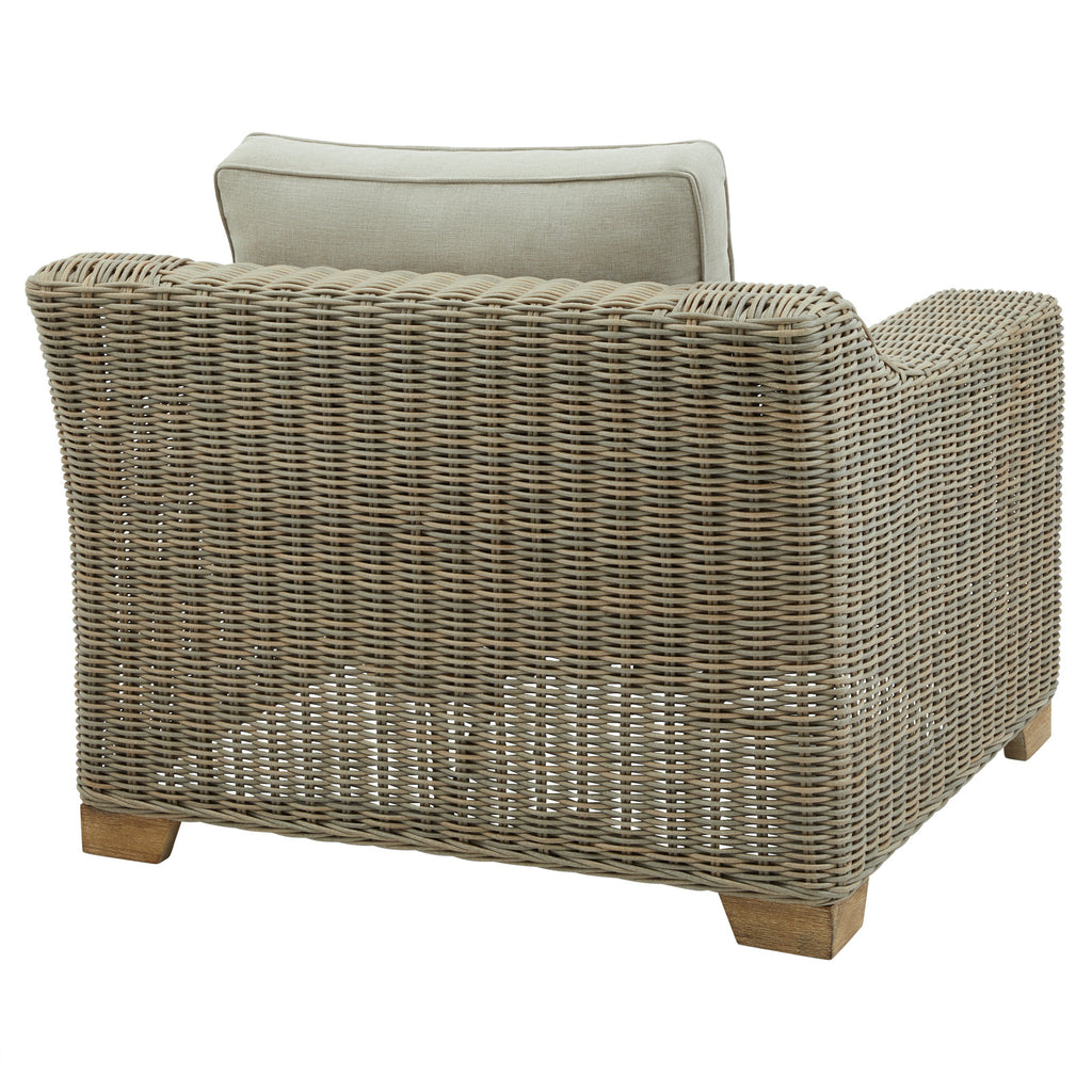 Rear three-quarter view of the armchair showing the woven pattern across its rounded back and side, with a pale cushion above the back.