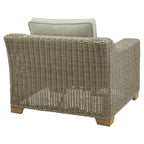Rear three-quarter view of the armchair showing the woven pattern across its rounded back and side, with a pale cushion above the back.