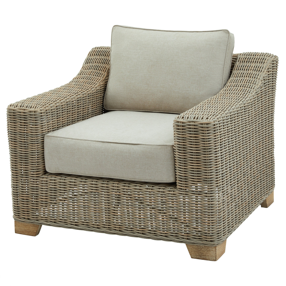Front three-quarter view of the grey Open Weave Armchair with sweeping arms, pale seat and back cushions and short brown feet.