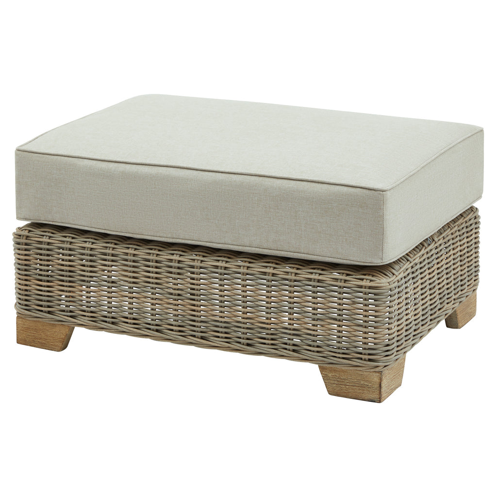 Open Weave Footstool shown at an angle with a thick pale cushion, grey woven base and short brown feet.
