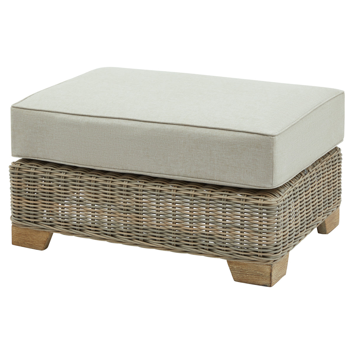 Open Weave Footstool shown at an angle with a thick pale cushion, grey woven base and short brown feet.