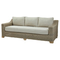Front angled view of the grey Open Weave Sofa with curved arms, a long pale seat cushion, three pale back cushions and short light brown feet.