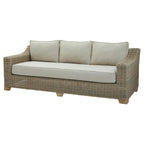 Front angled view of the grey Open Weave Sofa with curved arms, a long pale seat cushion, three pale back cushions and short light brown feet.