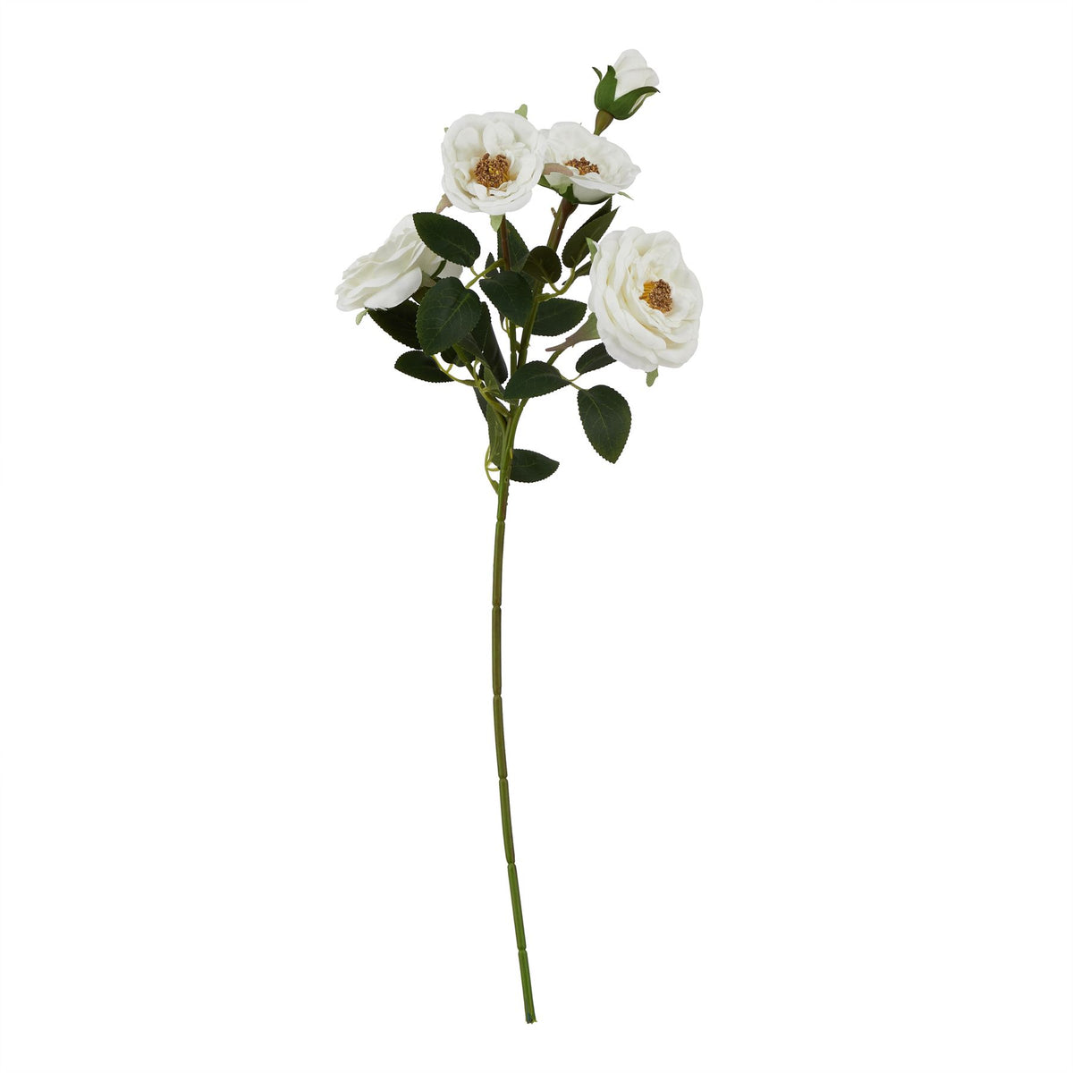 Full view of a tall artificial flower stem with branching white blooms, dark green leaves and a closed bud above the flowers.