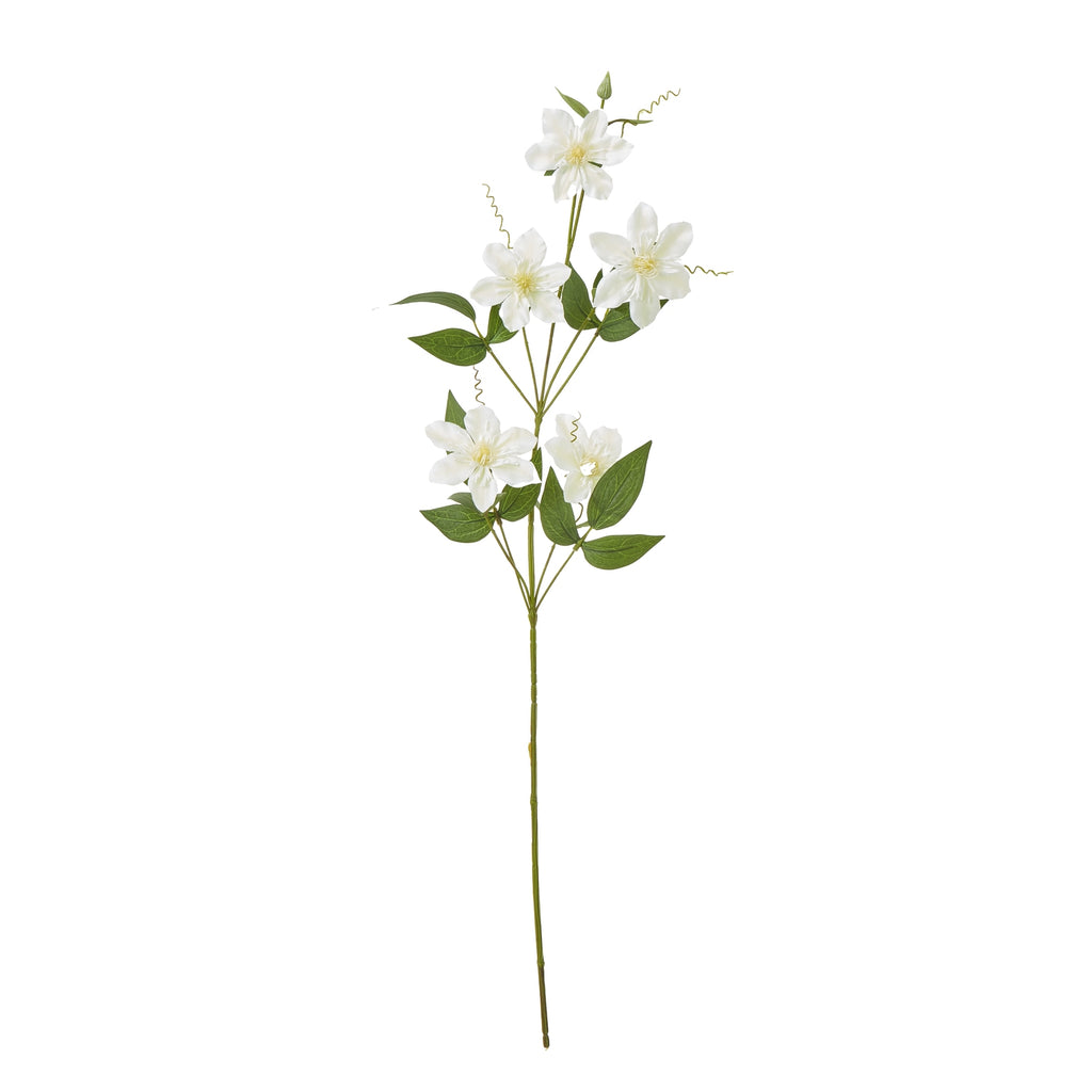 Full view of the Openbloom Tendril artificial flower spray with a long green stem, branching cream-white flowers, pointed leaves and curled tendrils.