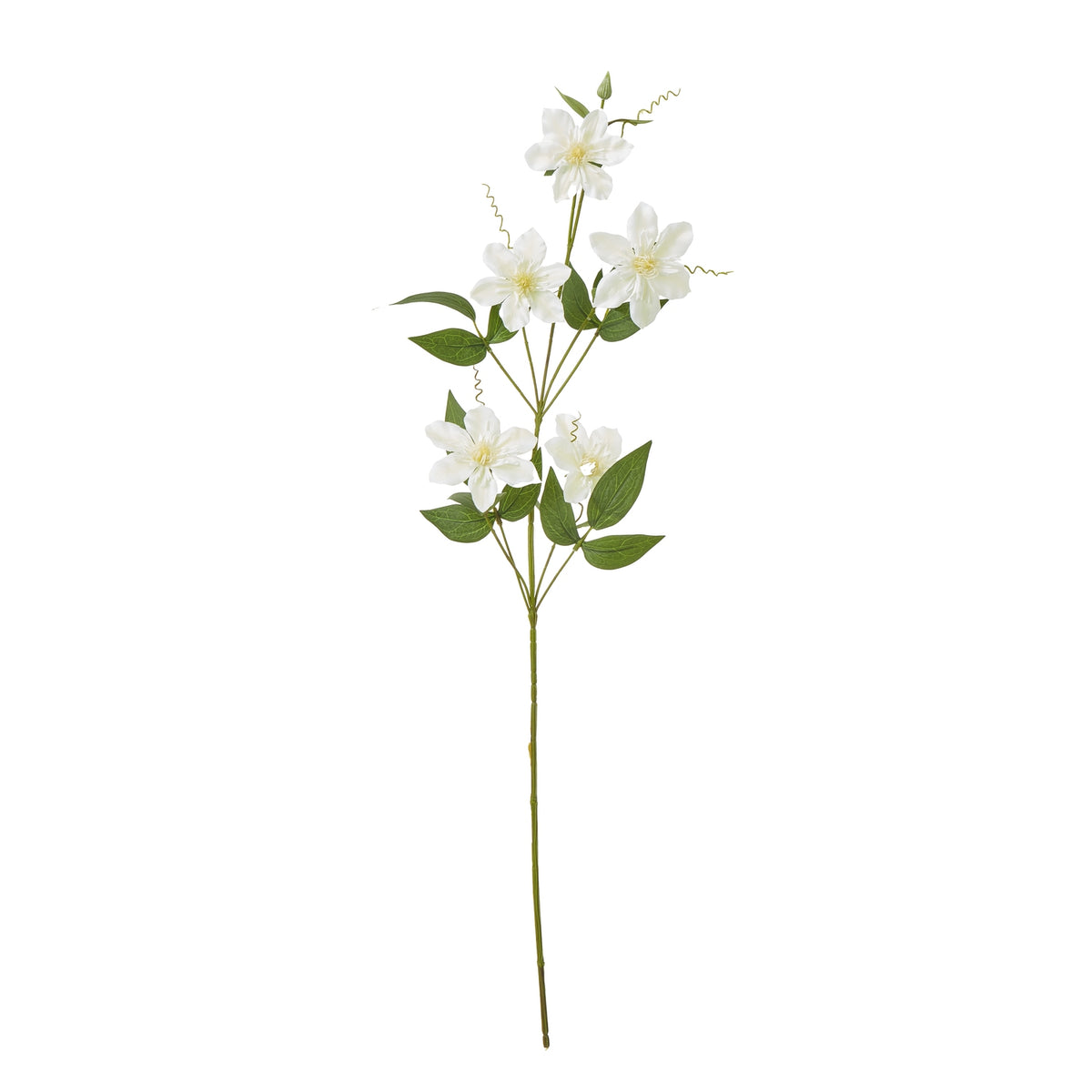 Full view of the Openbloom Tendril artificial flower spray with a long green stem, branching cream-white flowers, pointed leaves and curled tendrils.