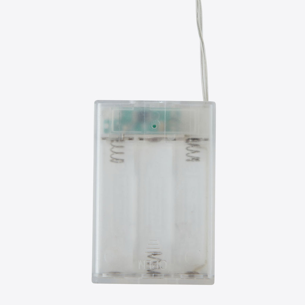 Front close-up of the translucent battery box with its lid closed, OPEN arrow and a clear lead extending upwards.