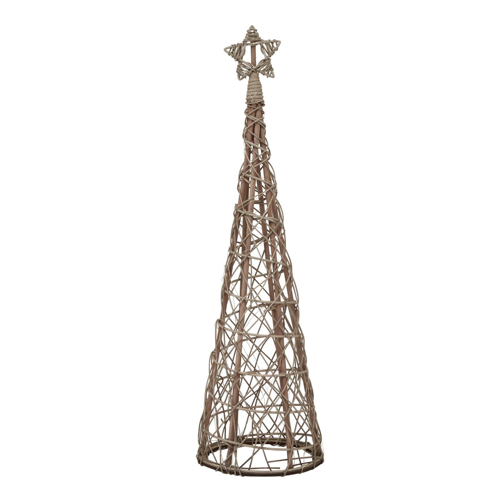 Full view of a brown open-weave conical tree decoration with a star topper and fine light wire.