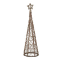 Full view of a brown open-weave conical tree decoration with a star topper and fine light wire.