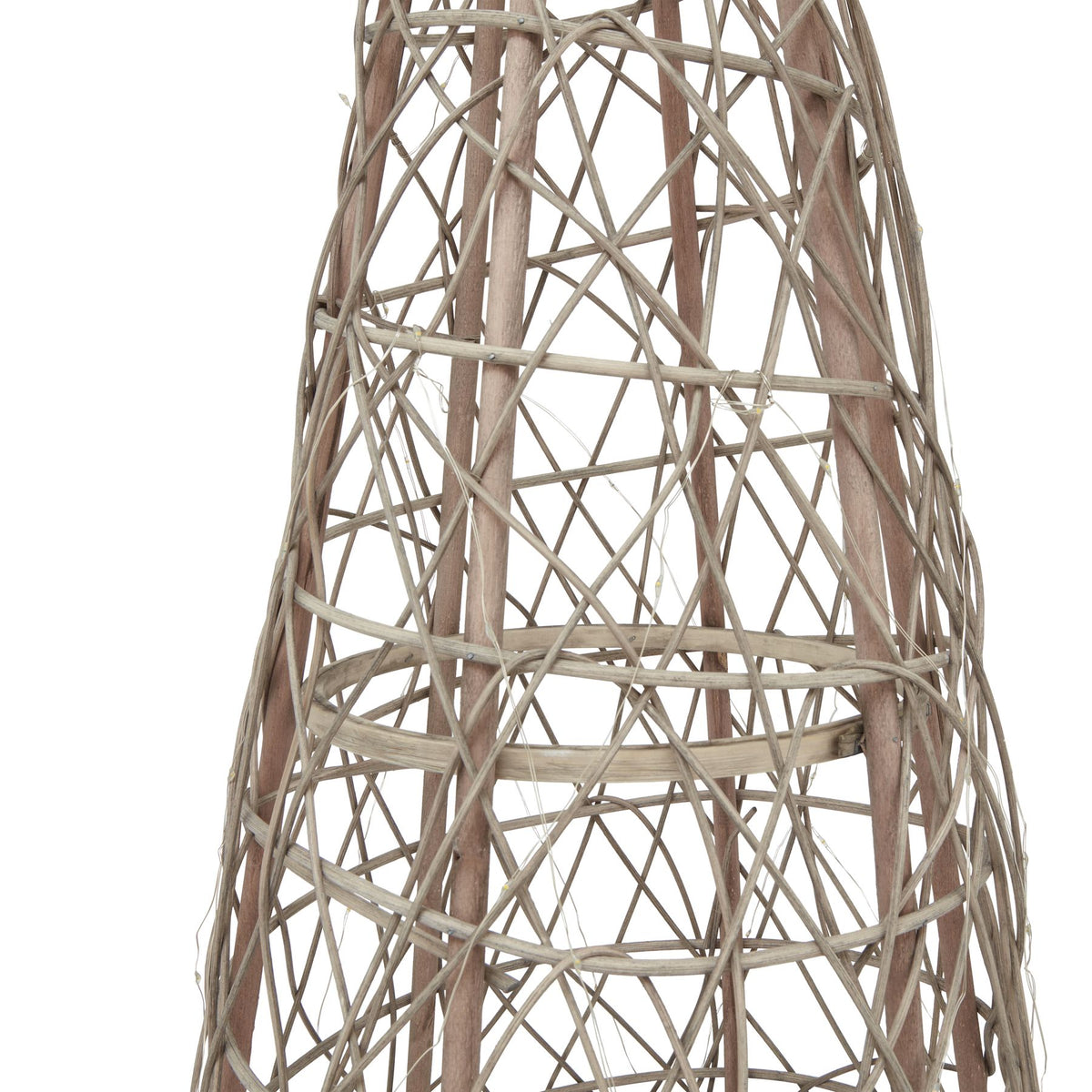 Detail of the tree body showing pale crossing strands, brown upright pieces and fine light wire within the open weave.