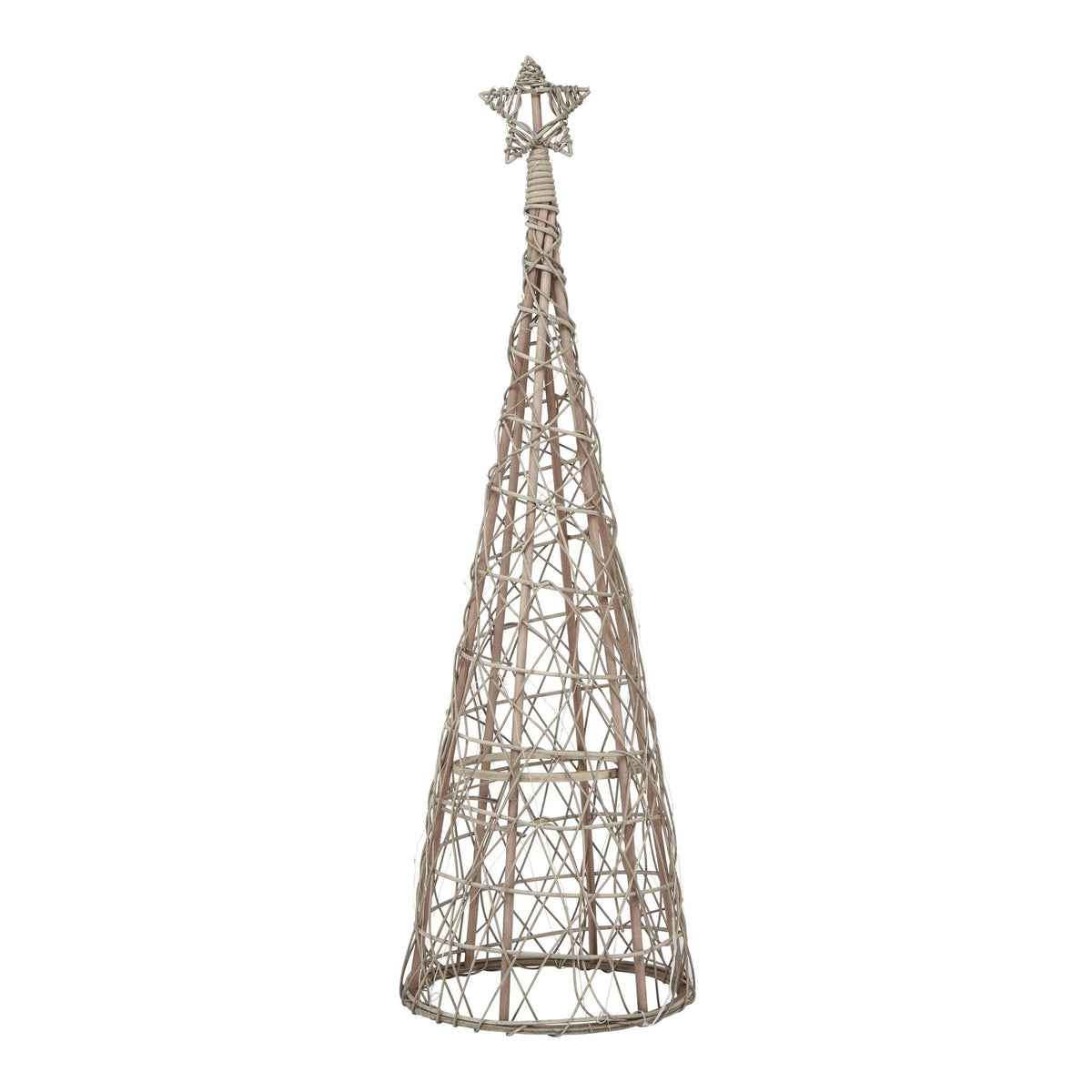 Full view of the brown open-weave conical tree decoration with a five-point star topper and fine light wire.