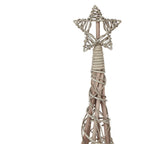 Close view of the open-centred star topper, wrapped neck and crossing strands on the upper tree, with fine light wire visible.
