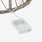 Angled close-up of a closed translucent battery box connected by a clear wire beside the tree's lower rim.