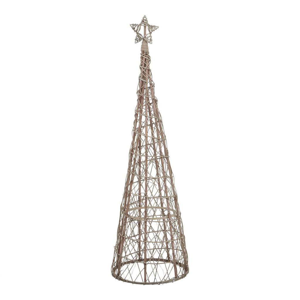 Full view of a brown open-weave conical tree decoration with a star topper and fine light wire against a white background.