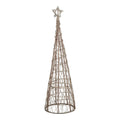 Full view of a brown open-weave conical tree decoration with a star topper and fine light wire against a white background.