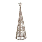 Full view of a brown open-weave conical tree decoration with a star topper and fine light wire against a white background.