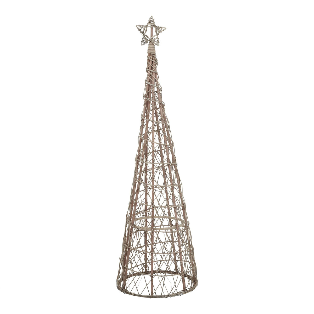 Full view of a brown open-weave conical tree decoration with a star topper and fine light wire against a white background.
