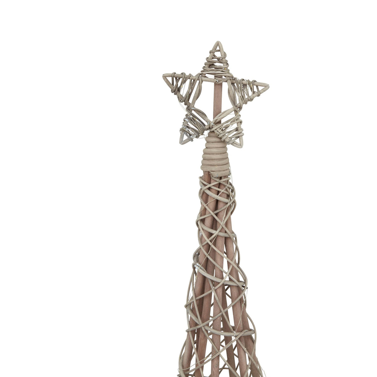 Close-up of the tree's star topper, showing pale wrapped strands, a brown central upright and fine light wire.
