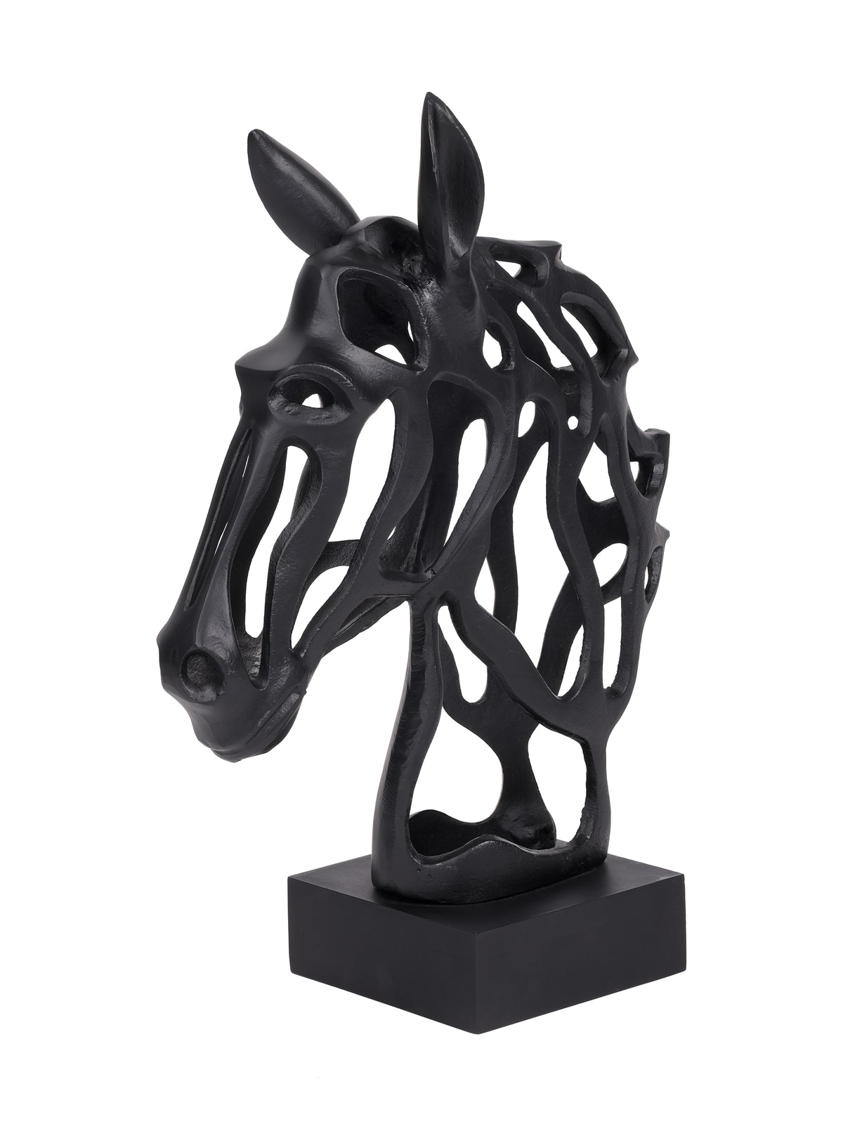 Three-quarter view of a black openwork horse-head sculpture with upright ears and a long muzzle, mounted on a rectangular black base against white.