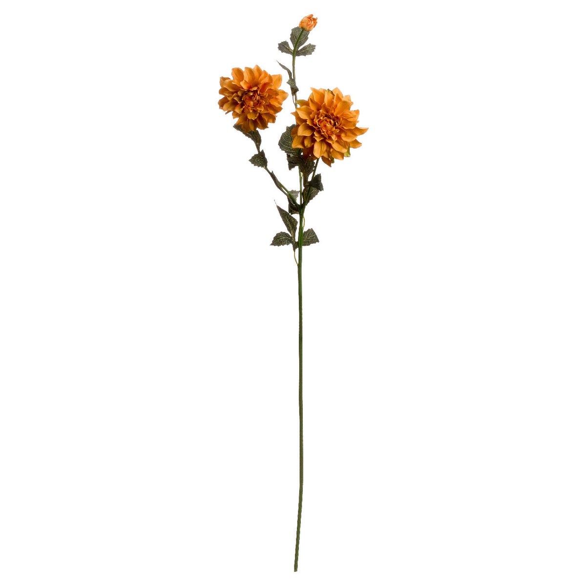 Full orange artificial flower stem on a white background, with two layered open blooms, a top bud and serrated green leaves on branching stems.