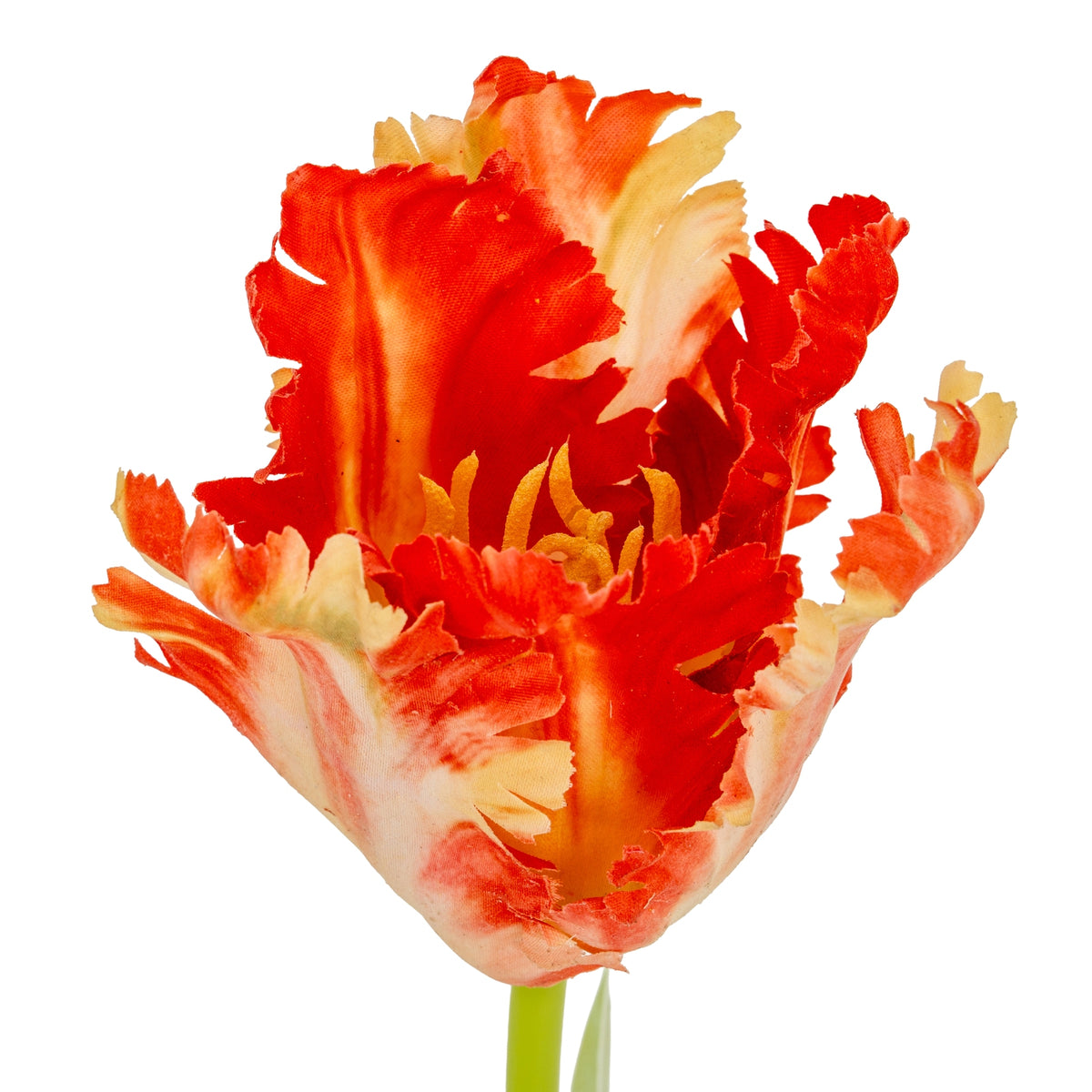 Detail looking into the ruffled orange-red and cream flower, with curled petal edges and yellow details at the centre.