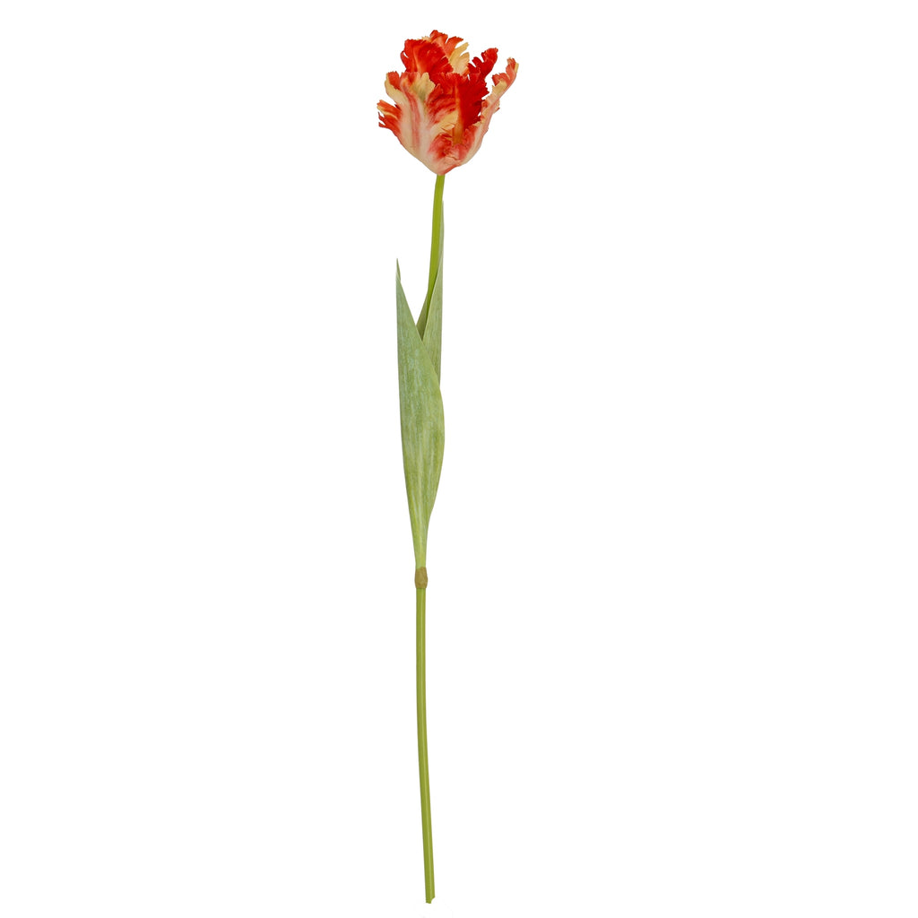 Full view of the Orange Cream Rufflecup artificial flower stem, with an orange-red and cream bloom and two long pointed green leaves against white.