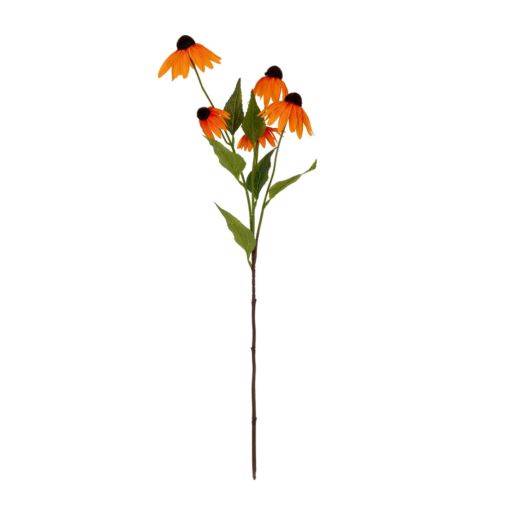 Full view of an orange artificial flower spray with brown cone centres, branching green stems and pointed leaves above a long brown lower stem.