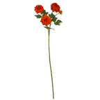Full view of an orange artificial flower spray with three open blooms, a small bud, dark green leaves and a long green-brown stem.