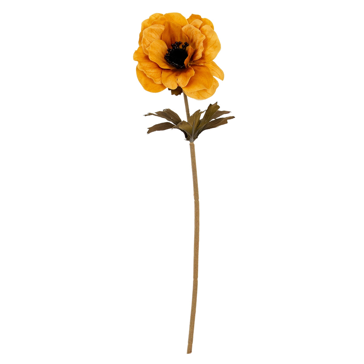 Full view of an artificial flower stem with an open orange bloom, dark round centre, leaves beneath the head and a long tan stem on a white background.