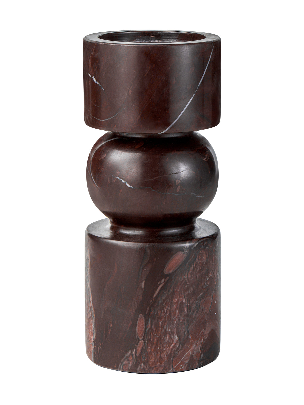 Red and burgundy marble candle holder with a rounded centre between a cylindrical top and base, shown against white.