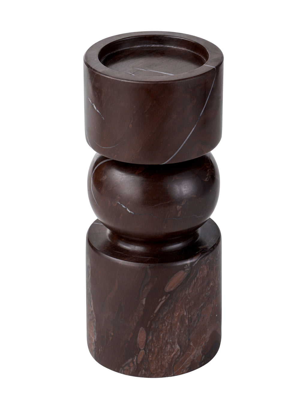 Marble candle holder viewed from above at an angle, showing the recessed circular candle platform and pale veining.
