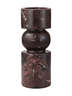 Front view of the burgundy marble candle holder with a rounded centre between a cylindrical top and base.